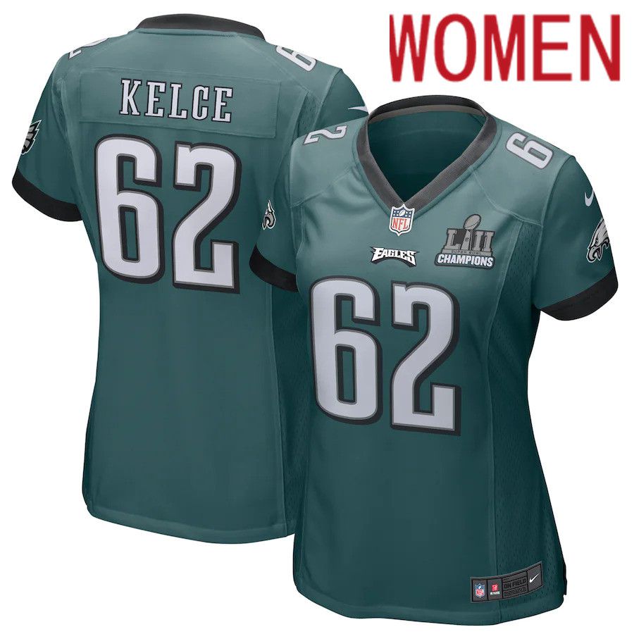 Women Philadelphia Eagles 62 Jason Kelce Nike Midnight Green Super Bowl LII Champions Patch Game NFL Jersey